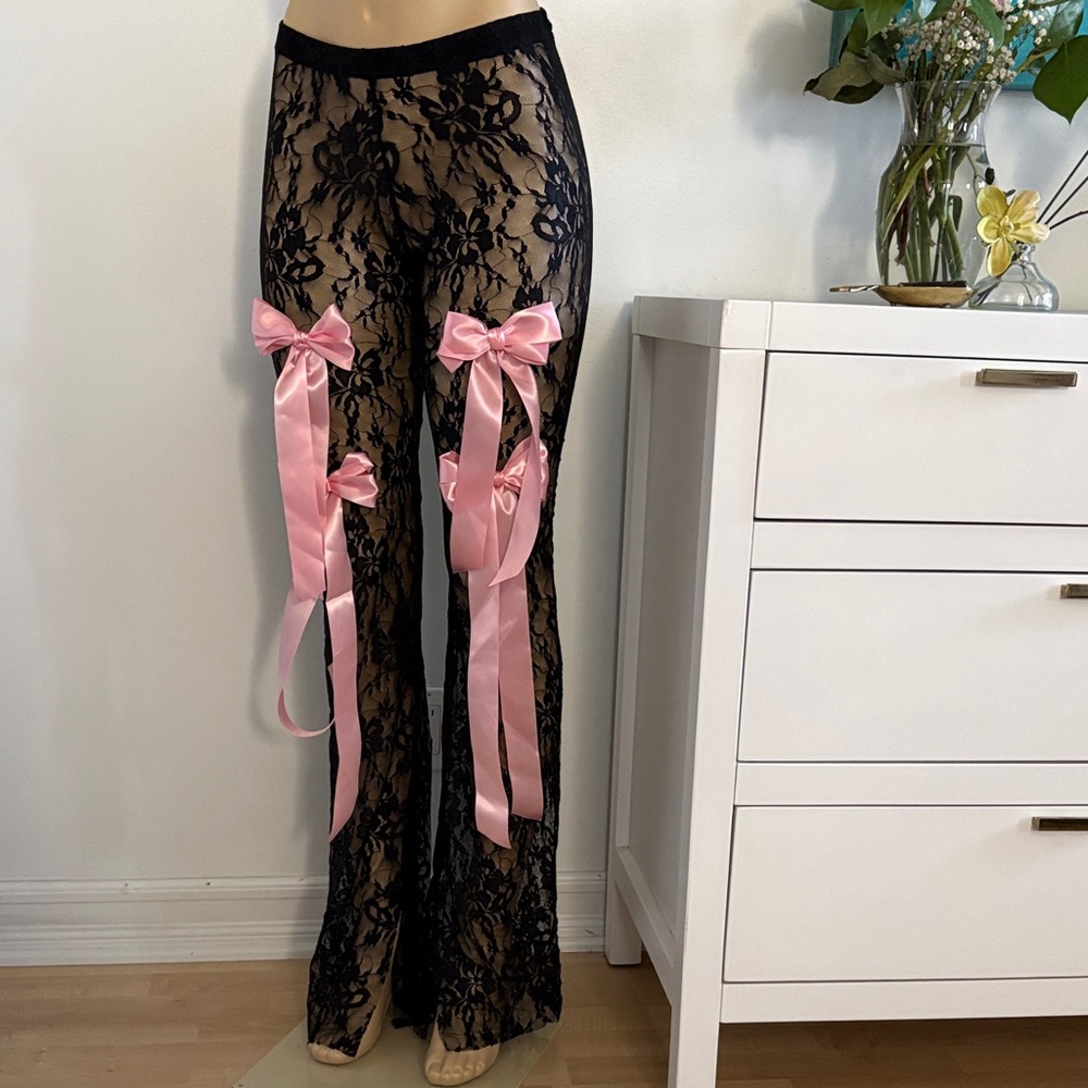 Black Lace Wide-Leg Pants with Pink Ribbon Bows